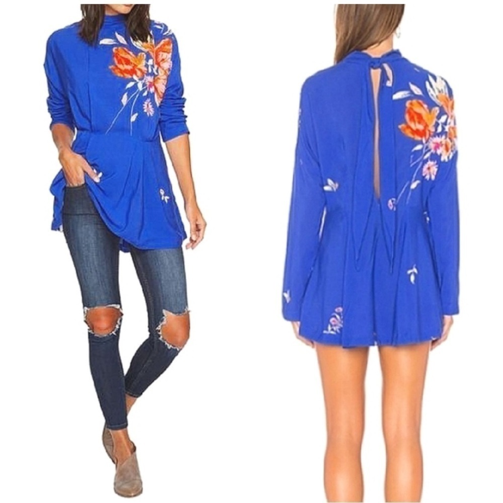 Free People Floral Tie Back Blue Tunic/Mini Dress Size Small